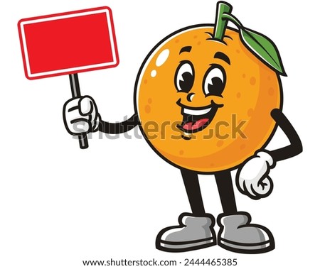 Orange fruit holding a blank sign board cartoon mascot illustration character vector clip art hand drawn