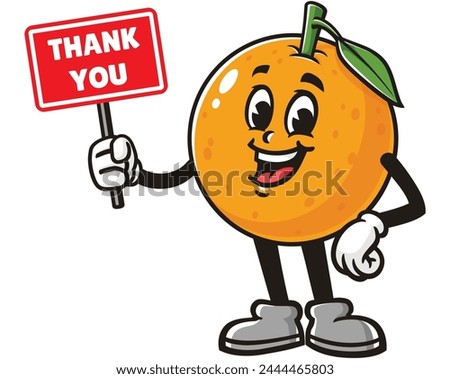 Orange fruit holding a thank you sign board cartoon mascot illustration character vector clip art hand drawn