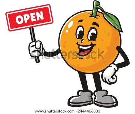 Orange fruit holding open sign board cartoon mascot illustration character vector clip art hand drawn
