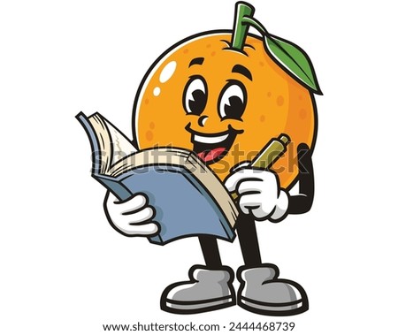 Orange fruit with book cartoon mascot illustration character vector clip art hand drawn