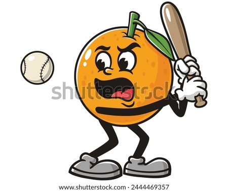 Orange fruit playing baseball cartoon mascot illustration character vector clip art hand drawn