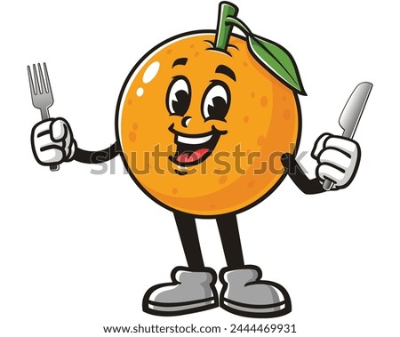 Orange fruit holding fork and knife cartoon mascot illustration character vector clip art hand drawn