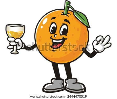 Orange fruit holding a glass of drink cartoon mascot illustration character vector clip art hand drawn