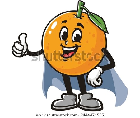 Orange fruit with caped superhero style cartoon mascot illustration character vector clip art hand drawn