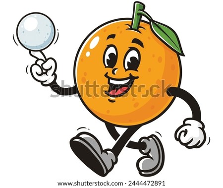 Orange fruit playing ice ball or snowball cartoon mascot illustration character vector clip art hand drawn