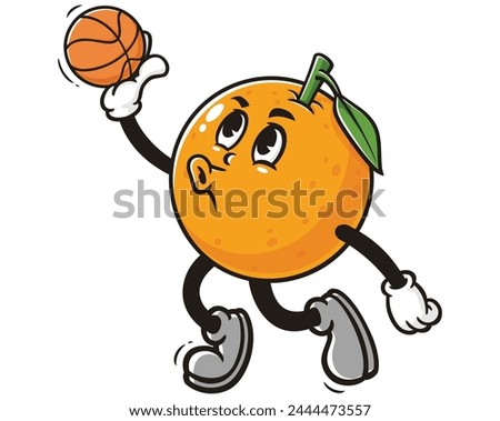 Orange fruit playing slam dunk basketball cartoon mascot illustration character vector clip art hand drawn