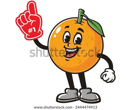 Orange fruit with foam finger cartoon mascot illustration character vector clip art hand drawn