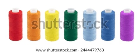 Spool thread collection. Rainbow colors thread isolated. Thread plastic spool. Collection of cutout threads. Vibrant vivid colors. Sew threads. Colorful hobby background. Tailor shop. Set of threads. Royalty-Free Stock Photo #2444479763