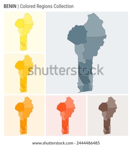 Benin map collection. Country shape with colored regions. Blue Grey, Yellow, Amber, Orange, Deep Orange, Brown color palettes. Border of Benin with provinces for your infographic. Vector illustration.
