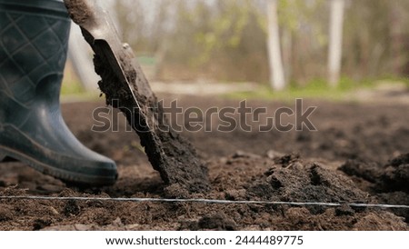 agriculture, farmer dripping soil foot rubber boots, ground, earth business, farmer digging soil shovel garden, agricultural work, shoveling fertile soil, farmer digging garden soil shovel, own small Royalty-Free Stock Photo #2444489775