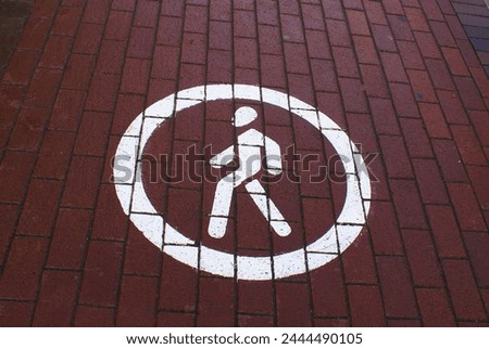 Road markings painted with white paint. Signs on the sidewalk and road. Drawing.