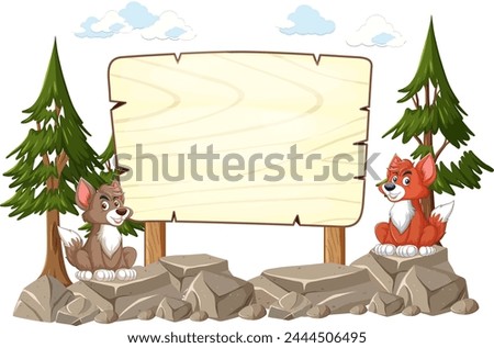 Cartoon wolves by a wooden sign in the woods