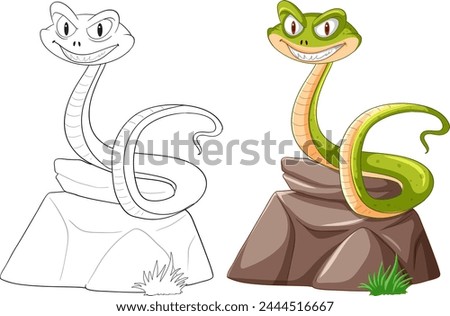Two smiling snakes illustrated on stone surfaces.