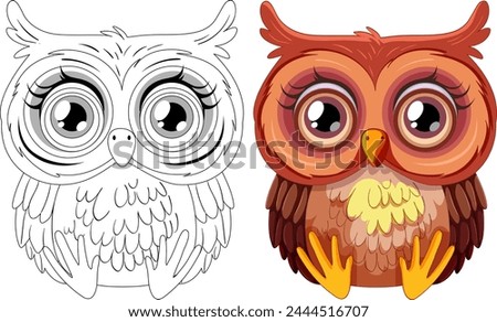 Two stylized owls, one colored and one sketched.