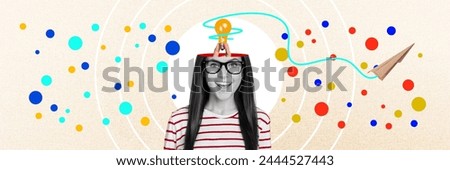 Collage picture of black white colors excited girl arm inside head hold light bulb flying paper plane isolated on painted beige background