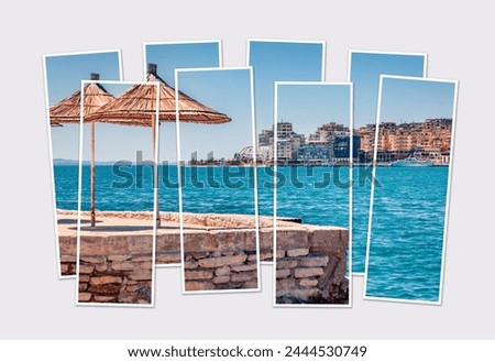 Isolated eight frames collage of picture of summer cityscape of Saranda town. Amazing summer view of Albanian Riviera in southern Albania, Europe. Captivation Ionian seascape. Mock-up of modular photo
