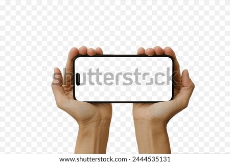Hands holding the smartphone mockup in a vertical posture with a transparent background including clipping path and modern frameless design for advertisement.