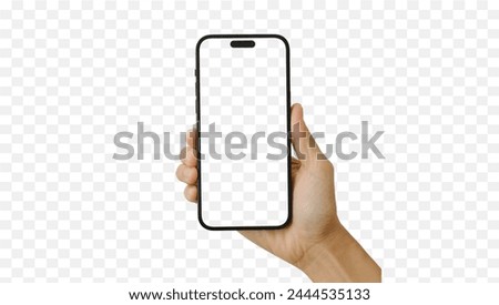 The smartphone mockup on hand, holding in a horizontal posture with a transparent background including clipping path and modern frameless design for advertisement.