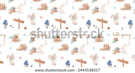 Happy Easter clip art. Pattern with cartoon characters in retro style. Easter bunny, bunny with wheelbarrow, flowers, basket with Easter eggs, vase, bouquet.