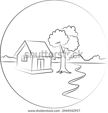 Cute rustic cottage motif in homestead vintage style. Vector illustration of whimsical rural country house.
