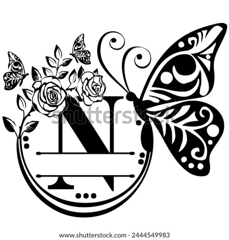 Black hand written monogram with the capital letter N decorated with roses and butterflies, vector clip art on white, isolated background