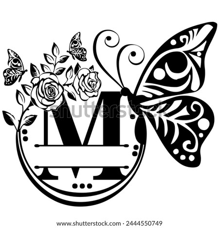 Black hand written monogram with the capital letter M decorated with roses and butterflies, vector clip art on white, isolated background