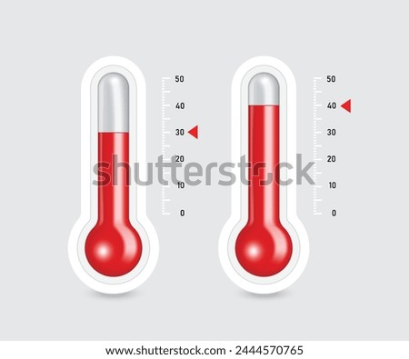 Two thermometers measure the temperature of the air in summer. The heat is 30 degrees Celsius and 40 degrees Celsius ,vector 3d isolated on white background for advertising design Royalty-Free Stock Photo #2444570765