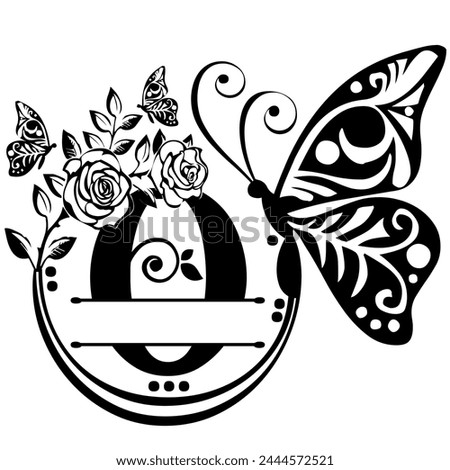 Black hand written monogram with the capital letter O decorated with roses and butterflies, vector clip art on white, isolated background