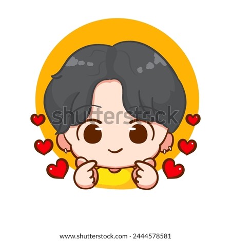 Cute boy love hand sign gesture cartoon character. Korean style fashion. People expression concept design. Chibi vector illustration. Isolated white background Royalty-Free Stock Photo #2444578581