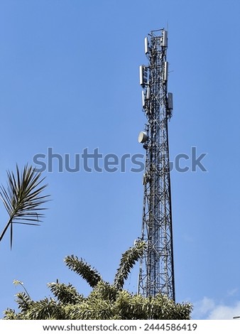 a clean blue sky photo decorated with towers and beautiful green leaves. 