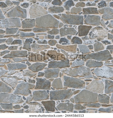 Seamless pattern of an old wall built with irregularly shaped stone blocks - Useful for renderings applications - Can be repeated modularly to create a uniform and continuously background Royalty-Free Stock Photo #2444586513