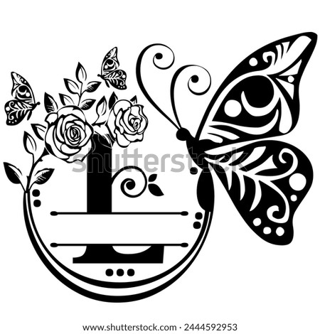 Black hand written monogram with the capital letter L decorated with roses and butterflies, vector clip art on white, isolated background