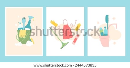 Spring cleaning poster set. Bucket, apron gloves and mop spray various tools banners. Equipment elements for wash home backgrounds collection. Housework card concept. Vector flat illustration.