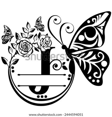 Black hand written monogram with the capital letter J decorated with roses and butterflies, vector clip art on white, isolated background