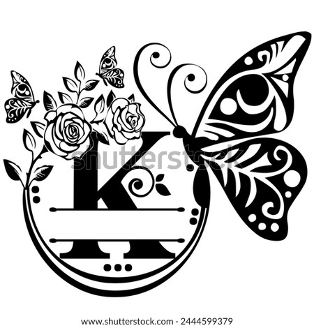 Black hand written monogram with the capital letter K decorated with roses and butterflies, vector clip art on white, isolated background