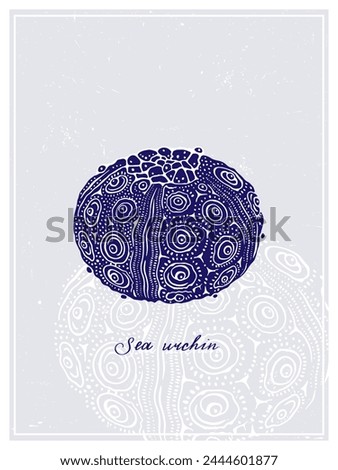Big Blue Sea Urchin. Vintage style poster. Hand drawn graphic design collection. Vector illustration.