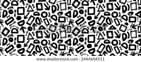 Seamless pattern with basic brush drawn geometric shapes. White background with geometric figures like circles, triangles, squares and wavy lines. Abstract  vector seamless pattern.