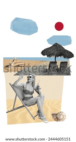 Elegant, beautiful, young woman in swimsuit resting on beach, drinking cocktail. Summer relaxation. Contemporary art collage. Concept of active lifestyle, vacation, nature. Retro style