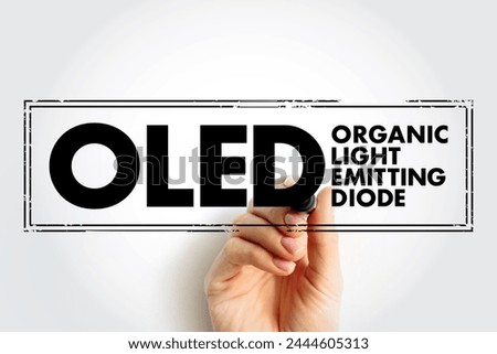 OLED Organic Light-Emitting Diode - in which the emissive layer is a film of organic compound that emits light in response to an electric current, acronym text concept stamp Royalty-Free Stock Photo #2444605313