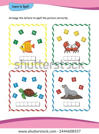 Learn to Spell worksheet. Children can strengthen their language abilities by arranging letters to correctly spell out corresponding images. An interactive and fun exercise. Sea creature Royalty-Free Stock Photo #2444608557