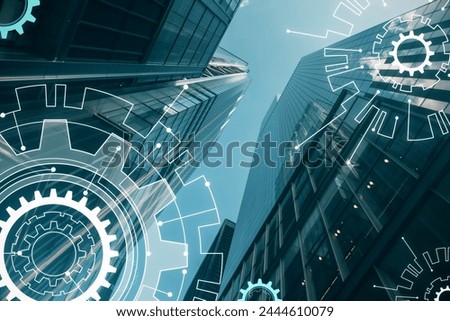 Creative digital cogs on blurry city background. Factory, production and machinery concept. Double exposure