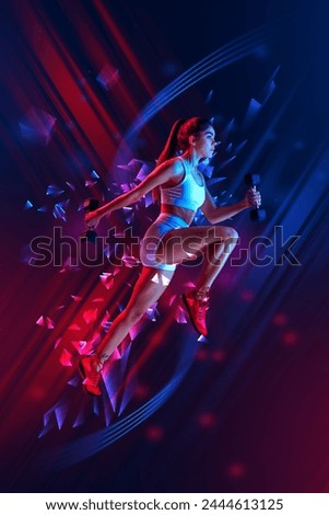 Dynamic image of sportive young girl in motion, training, doing exercises with dumbbells against gradient background with polygonal and fluid neon elements. Concept of sport, competition, tournament