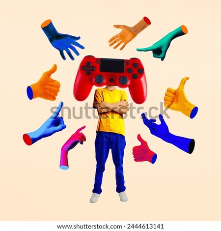 Man headed with video game controller around many multicolored hands. Contemporary art collage. Gaming industry. Concept of retro and vintage, hobby, virtual sport, creativity, surrealism. Poster, ad
