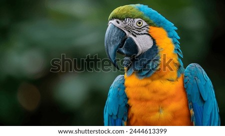 A close-up portrait of a Macaw parrot, focusing on its detailed, colorful feathers and striking eyes. The background is blurred, emphasizing the bird's vivid colors and intricate feather patterns. 