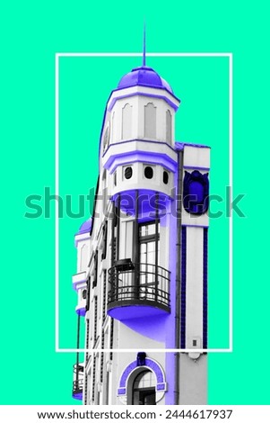 Poster. Contemporary art collage. White art deco building with purple accents. Vibrant abstract design. Concept of modern culture, architecture, aesthetic, journey and tourism. Ad