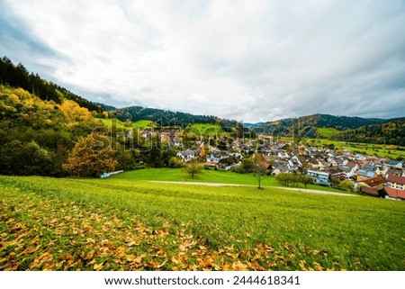 View of the town of Hausach from Husen Castle near Hausach. Landscape with a village in the Black Forest in the Kinzig valley.	 Royalty-Free Stock Photo #2444618341