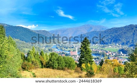 View of Kroscienko nad Dunajcem village in Beskids and Pieniny Mountains in autumn, Lesser Poland Voivodeship , Poland. Royalty-Free Stock Photo #2444618369