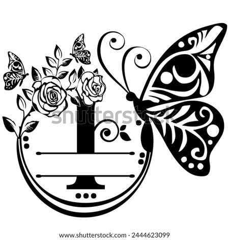 Black hand written monogram with the capital letter I decorated with roses and butterflies, vector clip art on white, and an isolated background