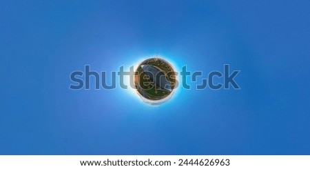 Tiny planet effect drone photography of Zagreb city, Croatia heating plant and Sava river rapids Royalty-Free Stock Photo #2444626963