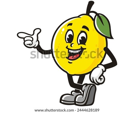 Lemon fruit with pointing finger pose cartoon mascot illustration character vector clip art hand drawn